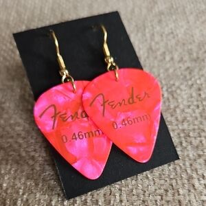 Fender Hot Pink Guitar Pick Dangle Earrings with Gold Hooks